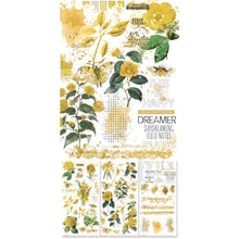 Load image into Gallery viewer, 49 And Market - Rub-Ons 6"x12" - Color Swatch: Ochre. 3 sheets of 6x12" premium quality rub-on transfers. Each sheet is loaded with various imagery in shades of yellow ochre. Elements of florals, textures, word art and more make up this set. Available at Embellish Away located in Bowmanville Ontario Canada.
