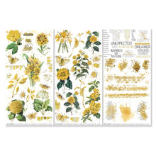 Load image into Gallery viewer, 49 And Market - Rub-Ons 6"x12" - Color Swatch: Ochre. 3 sheets of 6x12" premium quality rub-on transfers. Each sheet is loaded with various imagery in shades of yellow ochre. Elements of florals, textures, word art and more make up this set. Available at Embellish Away located in Bowmanville Ontario Canada.