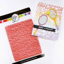 Load image into Gallery viewer, Catherine Pooler - Background Stamp - Block & Script Birthday. This stamp mixes fonts repeating "happy birthday" and "party"- create beautiful texture on your project. Ink up the stamp in multiple colors or try white embossing and ink blending over top. Available at Embellish Away located in Bowmanville Ontario Canada. Card example by Catherine Pooler.