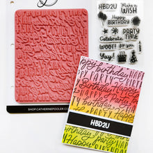 Load image into Gallery viewer, Catherine Pooler - Background Stamp - Block & Script Birthday. This stamp mixes fonts repeating "happy birthday" and "party"- create beautiful texture on your project. Ink up the stamp in multiple colors or try white embossing and ink blending over top. Available at Embellish Away located in Bowmanville Ontario Canada. Card example by Catherine Pooler.