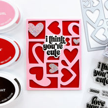 Load image into Gallery viewer, Catherine Pooler - Sentiments Stamp & Die Set - Sweet Nothings. Whisper some sweet nothings to your favorite people. This set has coordinating dies for it's large statement sentiments like "I think you're cute" and "so glad we're a thing". Available at Embellish Away located in Bowmanville Ontario Canada Example by brand ambassador.