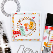 Load image into Gallery viewer, Catherine Pooler - Die - Heartthrob. Create the perfect focal point for your card with the Heartthrob Die. This die cuts out a circle pattern of hearts from your card layer which makes the perfect spot for your sentiments and image stamps. Available at Embellish Away located in Bowmanville Ontario Canada. Example by brand ambassador.