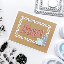 Load image into Gallery viewer, Catherine Pooler - Dies - Fall Frames. Add a rope look frame to your fall card or project with the Fall Frames Dies. This die features two sizes of rope dies and an additional pumpkin die set with the stem and vine. Available at Embellish Away located in Bowmanville Ontario Canada. Example by brand ambassador.