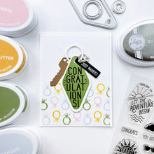 Load image into Gallery viewer, Catherine Pooler - Dies - Suite Motel Key. Create your own Suite Motel Key set with these fun dies. The dies include a key die, tags and "metal" keyring dies for so many fun layering options. Available at Embellish Away located in Bowmanville Ontario Canada. Example by brand ambassador.