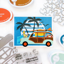 Load image into Gallery viewer, Catherine Pooler - Dies - Woodie Wagon. The Woodie Wagon Die is a unique and fun layered accent die to build your own classic beach buggy. This classic 1940's design vehicle has become a surf-icon...and we didn't forget the surf board and roof rack! Available at Embellish Away located in Bowmanville Ontario Canada. Card by Catherine Pooler Designs.