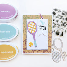 Load image into Gallery viewer, Catherine Pooler - Dies - Your Serve. Create a feature die cut tennis racket. This large die set was created to allow you to build your own racket and ball in the colors of your choice. Available at Embellish Away located in Bowmanville Ontario Canada. Card example by Catherine Pooler.