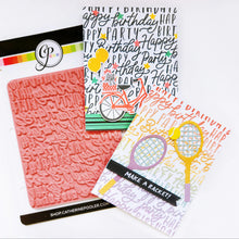 Load image into Gallery viewer, Catherine Pooler - Dies - Your Serve. Create a feature die cut tennis racket. This large die set was created to allow you to build your own racket and ball in the colors of your choice. Available at Embellish Away located in Bowmanville Ontario Canada. Card example by Catherine Pooler.