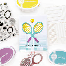 Load image into Gallery viewer, Catherine Pooler - Dies - Your Serve. Create a feature die cut tennis racket. This large die set was created to allow you to build your own racket and ball in the colors of your choice. Available at Embellish Away located in Bowmanville Ontario Canada. Card example by Catherine Pooler.