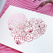 Load image into Gallery viewer, Catherine Pooler - Hot Foil Plate - Hearts Aflutter. Foil a beautiful statement piece with the Hearts Aflutter Foil Plate. This floral heart features a butterfly and is a large image to fill your card front. Available at Embellish Away located in Bowmanville Ontario Canada. Example by brand ambassador.