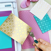 Load image into Gallery viewer, Catherine Pooler - Hot Foil Plate - Large Rectangle. Using the negative pieces from your previously foiled images, you can transfer the rest of the foil to a card layer with this solid plate. Available at Embellish Away located in Bowmanville Ontario Canada. Example by brand ambassador.