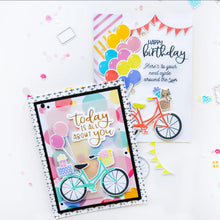 Load image into Gallery viewer, Catherine Pooler - Stamp & Die Set - Pedaling By. Featuring a birthday bike with tons of fun decorations. Decorate with the gifts, balloons and bunting. There's also a basket that can be filled with flowers or a kitty to take along or the ride! Available at Embellish Away located in Bowmanville Ontario Canada. Example by Catherine Pooler Designs.