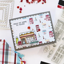 Load image into Gallery viewer, Catherine Pooler - Patterned Paper - Bedford Falls. This paper pack features patterns and prints of life in a sleepy little town. Featuring a print of houses and people out walking their dogs along with post boxes, letters, and snow topped topiaries! Available at Embellish Away located in Bowmanville Ontario Canada. Example by brand ambassador.