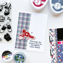 Load image into Gallery viewer, Catherine Pooler - Patterned Paper - Bobby Soxer. The Bobby Soxer Patterned Paper is inspired by life and music of the 1940's. Tweed, tiny flowers and argyle socks- this paper pack has fabric and textile inspired patterns and music inspired prints! Available at Embellish Away located in Bowmanville Ontario Canada. card by brand ambassador.