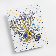 Load image into Gallery viewer, Catherine Pooler - Patterned Paper - Eight Nights. Create gorgeous Hanukkah cards and paper projects with the Eight Nights Patterned Paper. Traditional colors of Whipped Honey, Shea Butter, Sauna, Tranquil, On the Lake, Juniper Mist, Rose Petals & Sage. Available at Embellish Away located in Bowmanville Ontario Canada. Example by brand ambassador.