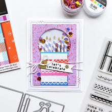 Load image into Gallery viewer, Catherine Pooler - Stamp & Die Set - Birthday Stacks. No birthday is complete without the stacks of cake and presents! The Birthday Stacks 6x8 Set will allow you to stamp and decorate your own cakes or wrapped gifts with its layered design. Available at Embellish Away located in Bowmanville Ontario Canada. Example by brand ambassador.
