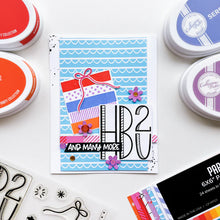 Load image into Gallery viewer, Catherine Pooler - Stamp & Die Set - Birthday Stacks. No birthday is complete without the stacks of cake and presents! The Birthday Stacks 6x8 Set will allow you to stamp and decorate your own cakes or wrapped gifts with its layered design. Available at Embellish Away located in Bowmanville Ontario Canada. Example by brand ambassador.