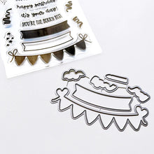 Load image into Gallery viewer, Catherine Pooler - Pieces & Sentiments Stamp & Die Set - Party. Add banners and sentiments to all of you cards with the Party Pieces & Sentiments Stamp Set! Pair it with the Fruitfully Frosted Stamp Set for a fun fruit cake design. Available at Embellish Away located in Bowmanville Ontario Canada