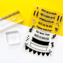 Load image into Gallery viewer, Catherine Pooler - Pieces & Sentiments Stamp & Die Set - Party. Add banners and sentiments to all of you cards with the Party Pieces & Sentiments Stamp Set! Pair it with the Fruitfully Frosted Stamp Set for a fun fruit cake design. Available at Embellish Away located in Bowmanville Ontario Canada