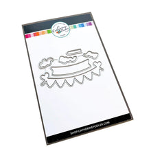 Load image into Gallery viewer, Catherine Pooler - Pieces & Sentiments Stamp & Die Set - Party. Add banners and sentiments to all of you cards with the Party Pieces & Sentiments Stamp Set! Pair it with the Fruitfully Frosted Stamp Set for a fun fruit cake design. Available at Embellish Away located in Bowmanville Ontario Canada