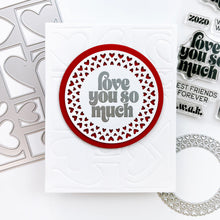 Load image into Gallery viewer, Catherine Pooler - Sentiments Stamp & Die Set - Sweet Nothings. Whisper some sweet nothings to your favorite people. This set has coordinating dies for it's large statement sentiments like "I think you're cute" and "so glad we're a thing". Available at Embellish Away located in Bowmanville Ontario Canada Example by brand ambassador.