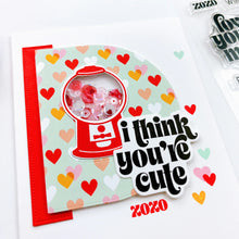 Load image into Gallery viewer, Catherine Pooler - Sentiments Stamp & Die Set - Sweet Nothings. Whisper some sweet nothings to your favorite people. This set has coordinating dies for it's large statement sentiments like "I think you're cute" and "so glad we're a thing". Available at Embellish Away located in Bowmanville Ontario Canada Example by brand ambassador.