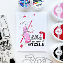 Load image into Gallery viewer, Catherine Pooler - Stamp & Die Set - Feelin' Fizzy. The Feelin' Fizzy 6x8 Stamp Set with coordinating Dies is jam packed with nostalgic soda pop bottle stamps and retro sentiments just right for your Pop! Available at Embellish Away located in Bowmanville Ontario Canada. Card example by brand ambassador.
