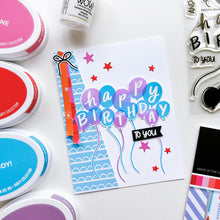 Load image into Gallery viewer, Catherine Pooler - Stamp Set - Balloon Bouquet. Create a colorful and modern birthday greeting with the Balloon Bouquet Stamp Set. This set was made for layering with the "happy birthday" sentiment letters fitting over each balloon. Available at Embellish Away located in Bowmanville Ontario Canada. Example by brand ambassador.