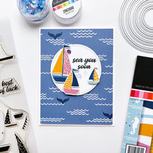 Load image into Gallery viewer, Catherine Pooler - Stamp Set - Sail Away. Create a colorful sailboat scene with the Sail Away 6x8 Stamp Set. This 4 step layering set will allow you to mix and match color combos to create 6 sailboats. Available at Embellish Away located in Bowmanville Ontario Canada. Example by brand ambassador.