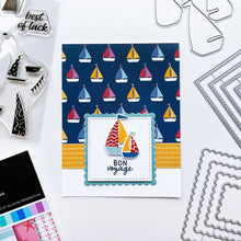 Load image into Gallery viewer, Catherine Pooler - Stamp Set - Sail Away. Create a colorful sailboat scene with the Sail Away 6x8 Stamp Set. This 4 step layering set will allow you to mix and match color combos to create 6 sailboats. Available at Embellish Away located in Bowmanville Ontario Canada. Example by brand ambassador.