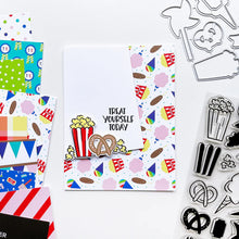 Load image into Gallery viewer, Catherine Pooler - Stamp & Die Set - Admit Two. The Admit Two Stamp Set and Dies features all the yummy fair classics like cotton candy and soft pretzels. It also has other festive elements like a pinwheel and the first place ribbon. Available at Embellish Away located in Bowmanville Ontario Canada. Example by brand ambassador.