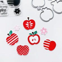 Load image into Gallery viewer, Catherine Pooler - Stamp & Die Set - Appley Ever After. An apple a day brings card making hoorays! The Appley Ever After Stamp & Die Set couldn't be any sweeter! This set features mod patterned apple stamps with all the extras! Available at Embellish Away located in Bowmanville Ontario Canada. Example by brand ambassador.