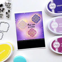 Load image into Gallery viewer, Catherine Pooler - Stamp & Die Set - Arabesque Pieces. This Set has patterned shapes for creating backgrounds and beautiful embellishments. The included sentiments of Love you more and Keep smiling are just the extra little touch your cards will need. Available at Embellish Away located in Bowmanville Ontario Canada Example by brand ambassador.