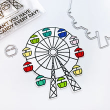Load image into Gallery viewer, Catherine Pooler - Stamp & Die Set - At the Fair. The icon of the fair coming to town is the Ferris Wheel. The At the Fair Stamp Set and coordinating dies features a Ferris Wheel stamp with a fill in for each car. Available at Embellish Away located in Bowmanville Ontario Canada.
