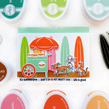 Load image into Gallery viewer, Catherine Pooler - Stamp & Die Set - Boardwalk Cruisers. These perky pal cats and dogs love some fun. This stamp set includes pets that are ready to roll on their skateboard or longboard, play in the sand or eat your dropped ice cream cone! Available at Embellish Away located in Bowmanville Ontario Canada. Card example by Catherine Pooler Designs.