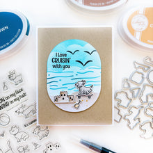 Load image into Gallery viewer, Catherine Pooler - Stamp & Die Set - Boardwalk Cruisers. These perky pal cats and dogs love some fun. This stamp set includes pets that are ready to roll on their skateboard or longboard, play in the sand or eat your dropped ice cream cone! Available at Embellish Away located in Bowmanville Ontario Canada. Card example by Catherine Pooler Designs.