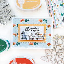 Load image into Gallery viewer, Catherine Pooler - Stamp & Die Set - Boardwalk Cruisers. These perky pal cats and dogs love some fun. This stamp set includes pets that are ready to roll on their skateboard or longboard, play in the sand or eat your dropped ice cream cone! Available at Embellish Away located in Bowmanville Ontario Canada. Card example by Catherine Pooler Designs.