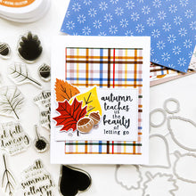 Cargar imagen en el visor de la galería, Catherine Pooler - Stamp & Die Set - Changing Leaves. Perfect mid-sized leaves for all your cards and scrapbook pages. Includes 5 solid stamp leaves with separate vein and stem stamps. Includes an acorn, gumball and chestnut to add to your fall card. Available at Embellish Away located in Bowmanville Ontario Canada. Card example by Catherine Pooler Designs.