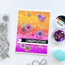 Load image into Gallery viewer, Catherine Pooler - Stamp & Die Set - Floral Fiction. The Floral Fiction Set is full of fun background and decorative elements for birthday, graduation or just because cards Pair these book and flowers with the Owls from the Who's Hoo set. Available at Embellish Away located in Bowmanville Ontario Canada. Example by brand ambassador.