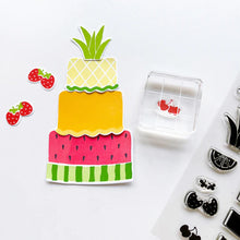 Load image into Gallery viewer, Catherine Pooler - Stamp & Die Set - Fruitfully Frosted. Celebration cakes never looked so sweet as they will with the Fruitfully Frosted Set. This summery fruit-themed layer cake stamp set is so fun to piece together in a variety of ways. Available at Embellish Away located in Bowmanville Ontario Canada Example by brand ambassador.