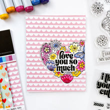 Load image into Gallery viewer, Catherine Pooler - Stamp & Die Set - Hearts Aflutter. Set someone's heart aflutter with this beautiful stamp set and coordinating dies! The Hearts Aflutter Stamps features a large, line-art heart made of flowers and a butterfly. Available at Embellish Away located in Bowmanville Ontario Canada Example by brand ambassador.