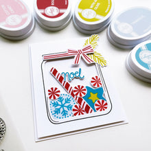 Load image into Gallery viewer, Catherine Pooler - Stamp & Die Set - Jar Full of Joy. Fill your holiday cookie jar with joy! Use the Jar Full of Joy Stamp Set and Coordinating Dies to create your own holiday decor cards! Fill the jar or turn it into a shaker card. Available at Embellish Away located in Bowmanville Ontario Canada. Example by brand ambassador.