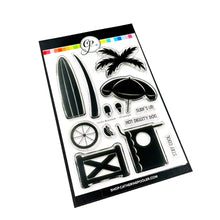 Load image into Gallery viewer, Catherine Pooler - Stamp & Die Set - On the Boardwalk. This set is perfect for building scenes, clustering or simple cards. This set includes a palm tree, surf board, the boardwalk fence and all the bits to build your own treat cart. Available at Embellish Away located in Bowmanville Ontario Canada.