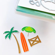 Load image into Gallery viewer, Catherine Pooler - Stamp & Die Set - On the Boardwalk. This set is perfect for building scenes, clustering or simple cards. This set includes a palm tree, surf board, the boardwalk fence and all the bits to build your own treat cart. Available at Embellish Away located in Bowmanville Ontario Canada.