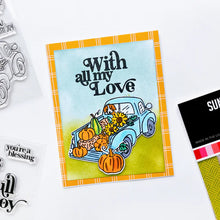 Load image into Gallery viewer, Catherine Pooler - Stamp & Die Set - Pumpkin Pick-Up. Straight from the farm, this Set is the quintessential fall image! Color in this large line art image of a vintage truck filled to the brim with hay, sunflowers and of course- the pumpkins! Available at Embellish Away located in Bowmanville Ontario Canada. Example by brand ambassador.