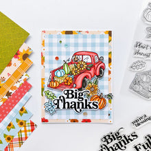 Load image into Gallery viewer, Catherine Pooler - Stamp & Die Set - Pumpkin Pick-Up. Straight from the farm, this Set is the quintessential fall image! Color in this large line art image of a vintage truck filled to the brim with hay, sunflowers and of course- the pumpkins! Available at Embellish Away located in Bowmanville Ontario Canada. Example by brand ambassador.