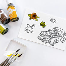 Load image into Gallery viewer, Catherine Pooler - Stamp & Die Set - Pumpkin Pick-Up. Straight from the farm, this Set is the quintessential fall image! Color in this large line art image of a vintage truck filled to the brim with hay, sunflowers and of course- the pumpkins! Available at Embellish Away located in Bowmanville Ontario Canada. Example by brand ambassador.