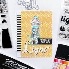 Load image into Gallery viewer, Catherine Pooler - Stamp & Die Set - Scenic Lighthouses. The Scenic Lighthouses Set has three unique, hand drawn lighthouses. The outline lighthouse image is perfect for coloring with ink pads and Blender Pens or Copic or Alcohol Markers. Available at Embellish Away located in Bowmanville Ontario Canada. Example by brand ambassador.