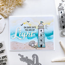 Load image into Gallery viewer, Catherine Pooler - Stamp & Die Set - Scenic Lighthouses. The Scenic Lighthouses Set has three unique, hand drawn lighthouses. The outline lighthouse image is perfect for coloring with ink pads and Blender Pens or Copic or Alcohol Markers. Available at Embellish Away located in Bowmanville Ontario Canada. Example by brand ambassador.