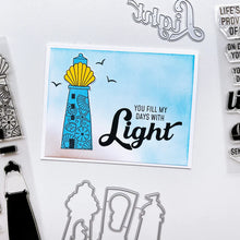 Load image into Gallery viewer, Catherine Pooler - Stamp & Die Set - Scenic Lighthouses. The Scenic Lighthouses Set has three unique, hand drawn lighthouses. The outline lighthouse image is perfect for coloring with ink pads and Blender Pens or Copic or Alcohol Markers. Available at Embellish Away located in Bowmanville Ontario Canada. Example by brand ambassador.