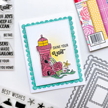 Load image into Gallery viewer, Catherine Pooler - Stamp & Die Set - Scenic Lighthouses. The Scenic Lighthouses Set has three unique, hand drawn lighthouses. The outline lighthouse image is perfect for coloring with ink pads and Blender Pens or Copic or Alcohol Markers. Available at Embellish Away located in Bowmanville Ontario Canada. Example by brand ambassador.